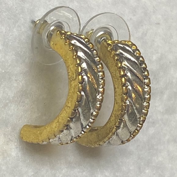 Silver Gold Tone Earrings Vintage Moon Half Circle Rope Edge Accent Pierced Stud - Picture 4 of 16